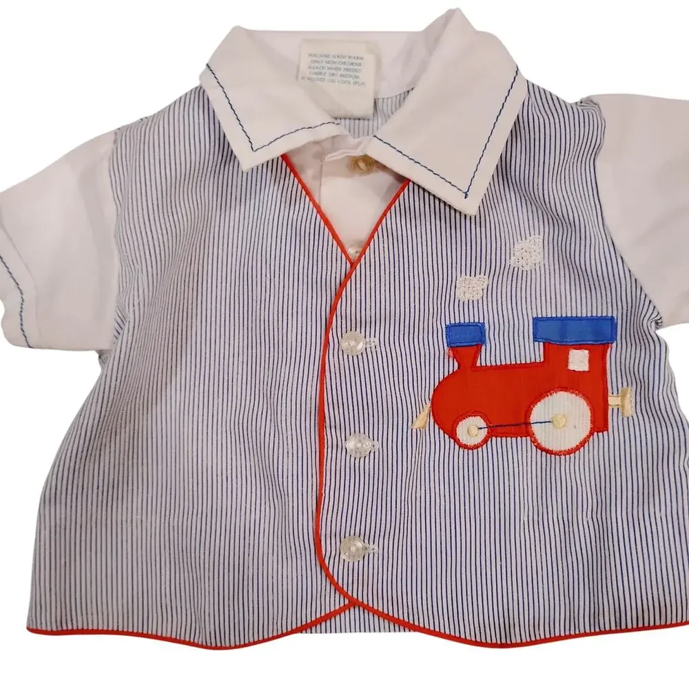 Vintage Baby Infant 0-6 Months Button Up Shirts Lot Embroidered Trains Cars Tie